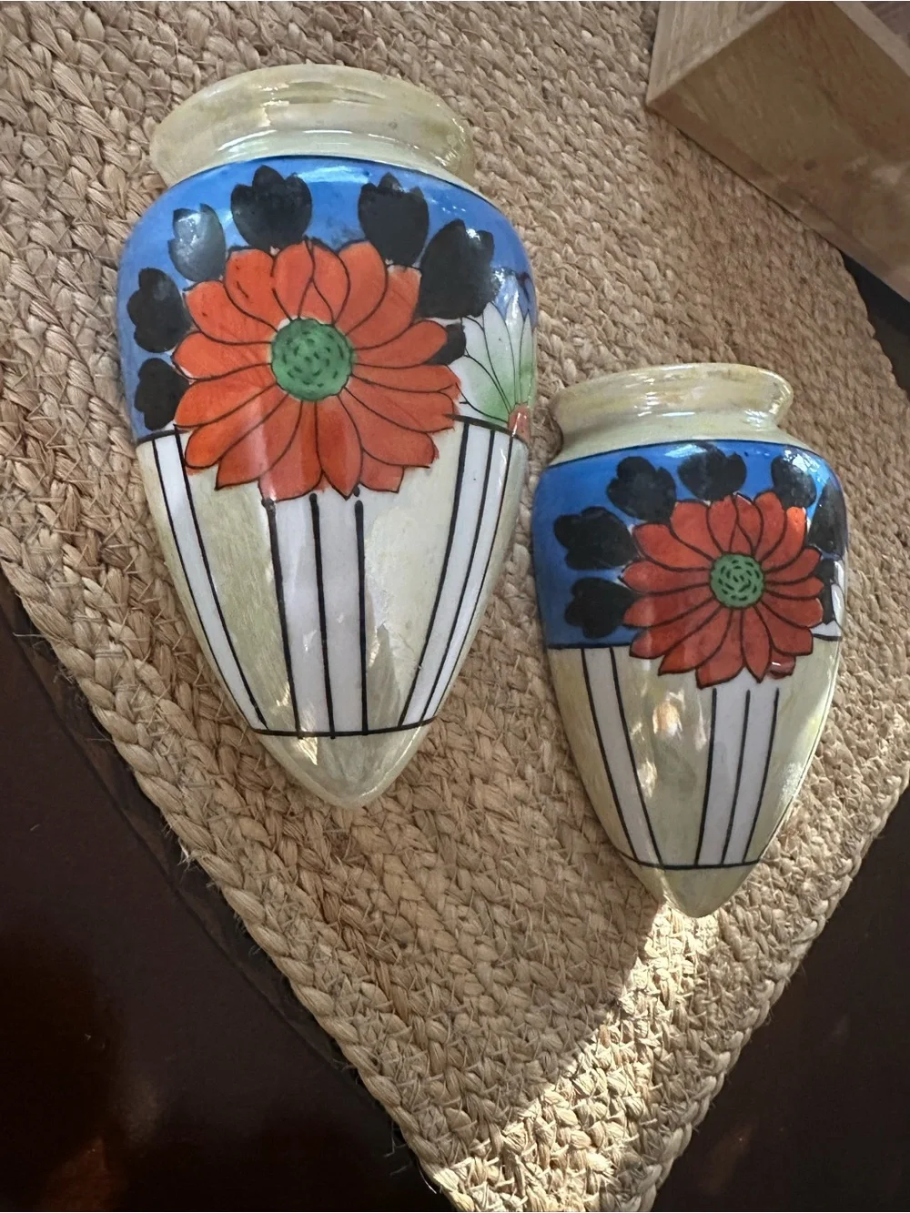 Pair of Floral Japanese Wall Pockets in Blue, Orange and Cream